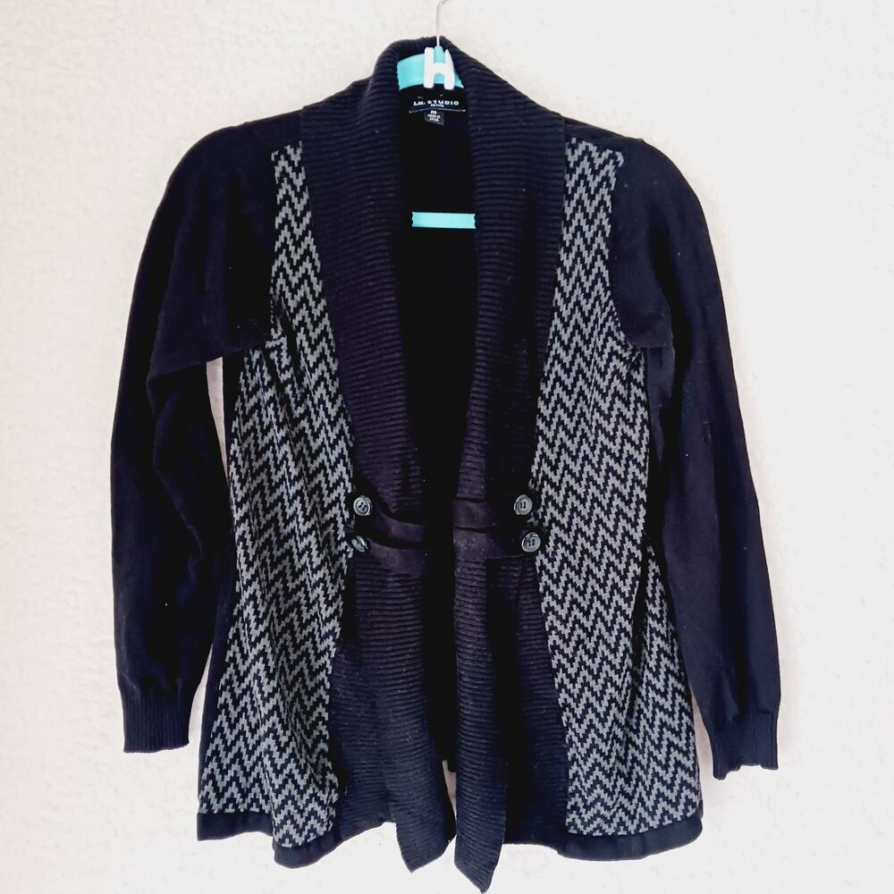 Sweater Cardigan Open I.N. Studio Black Gray Chevron Shawl Collar Button Size PM